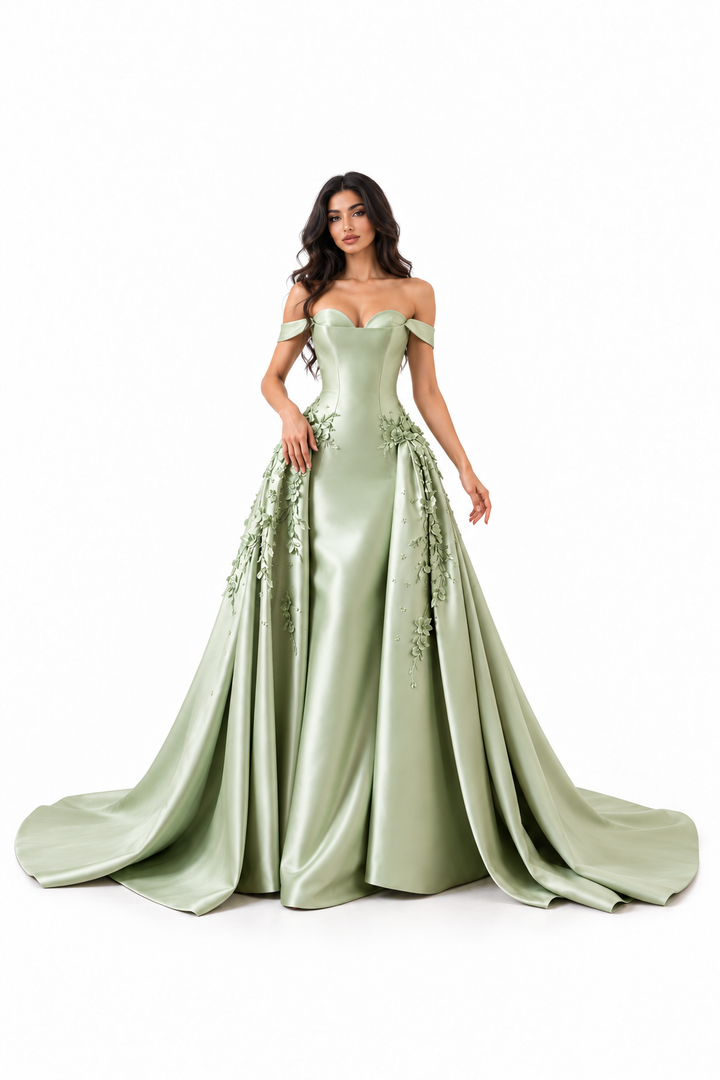 Floral Satin Gown - Sage