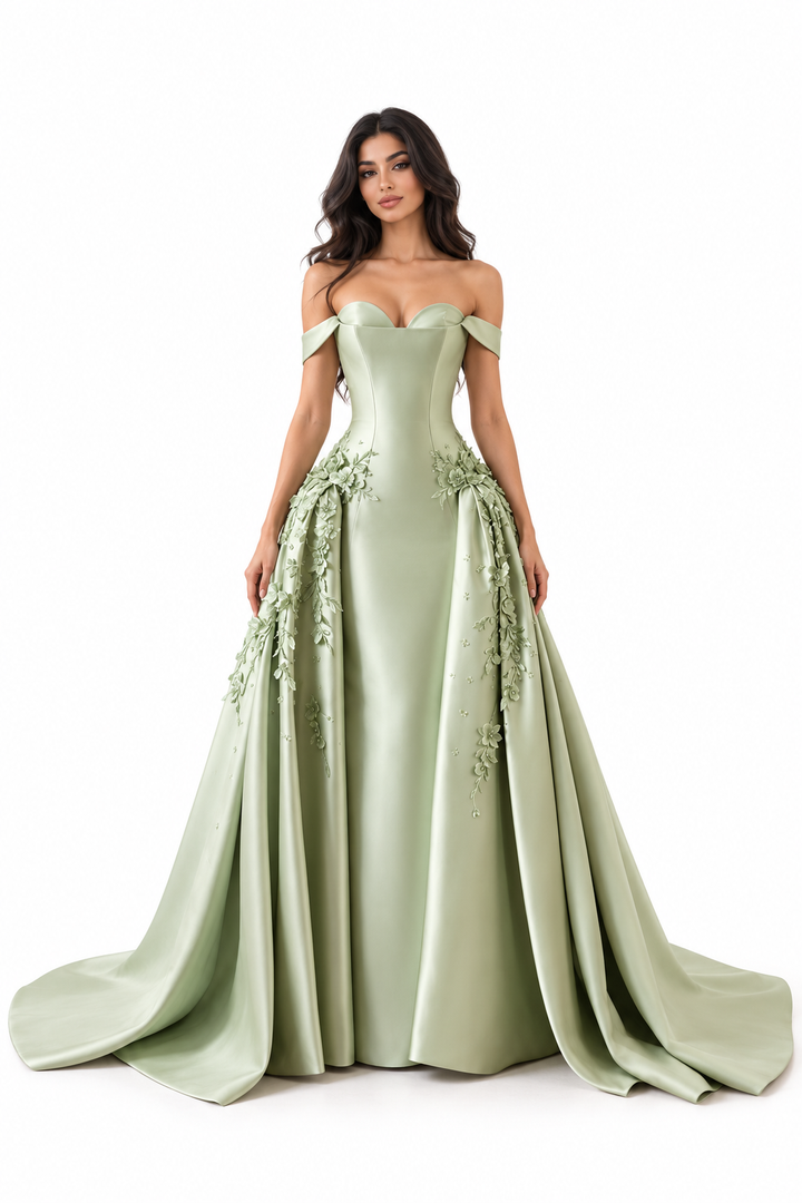 Floral Satin Gown - Sage