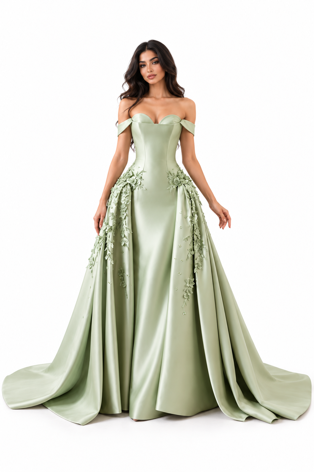 Floral Satin Gown - Sage