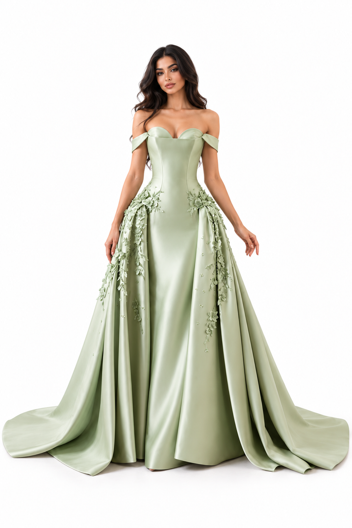 Floral Satin Gown - Sage