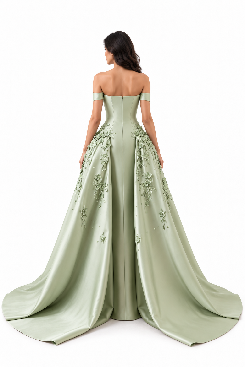 Floral Satin Gown - Sage