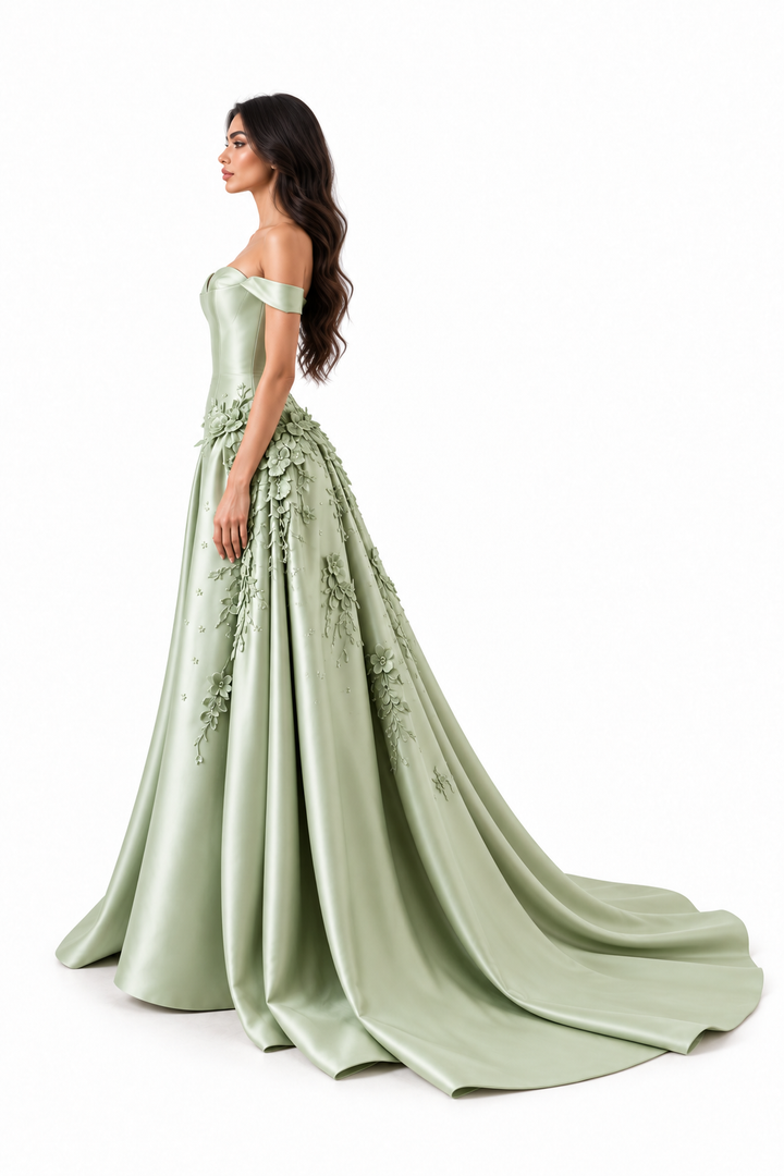Floral Satin Gown - Sage