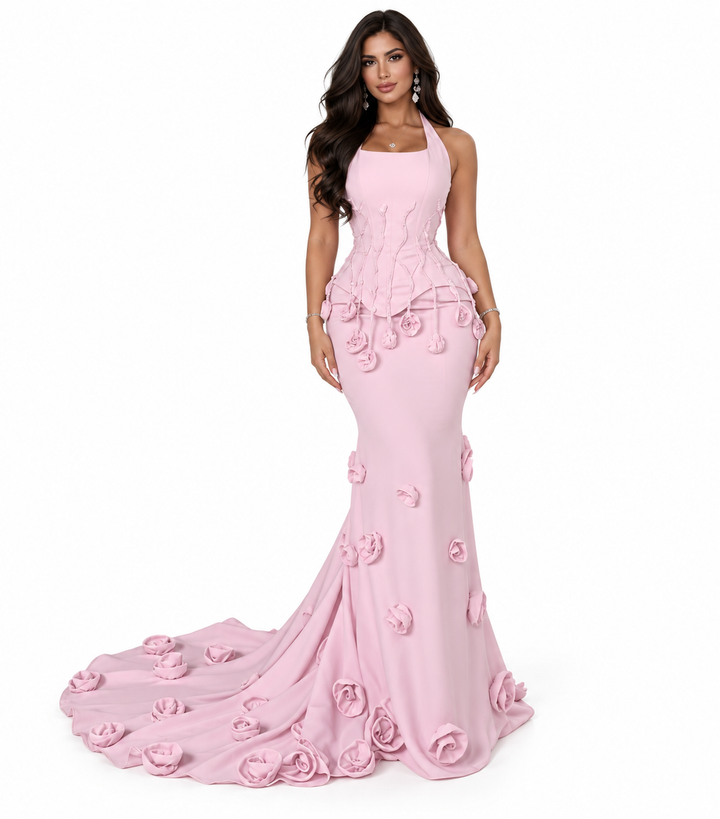 Rosette Mermaid Gown - Blush