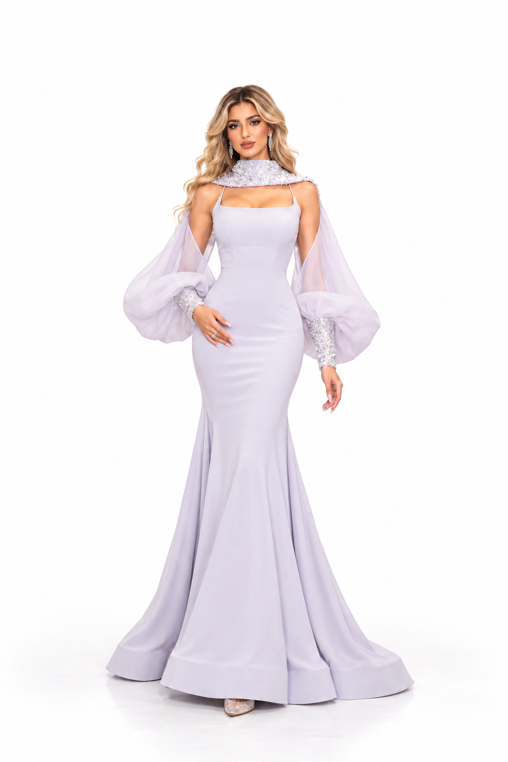 Embellished Cape Gown - Pearl