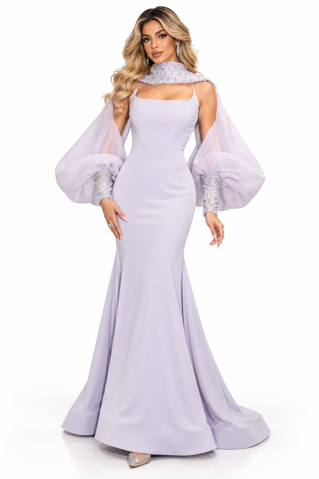 Embellished Cape Gown - Pearl