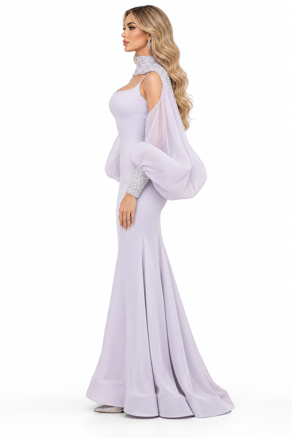 Embellished Cape Gown - Pearl