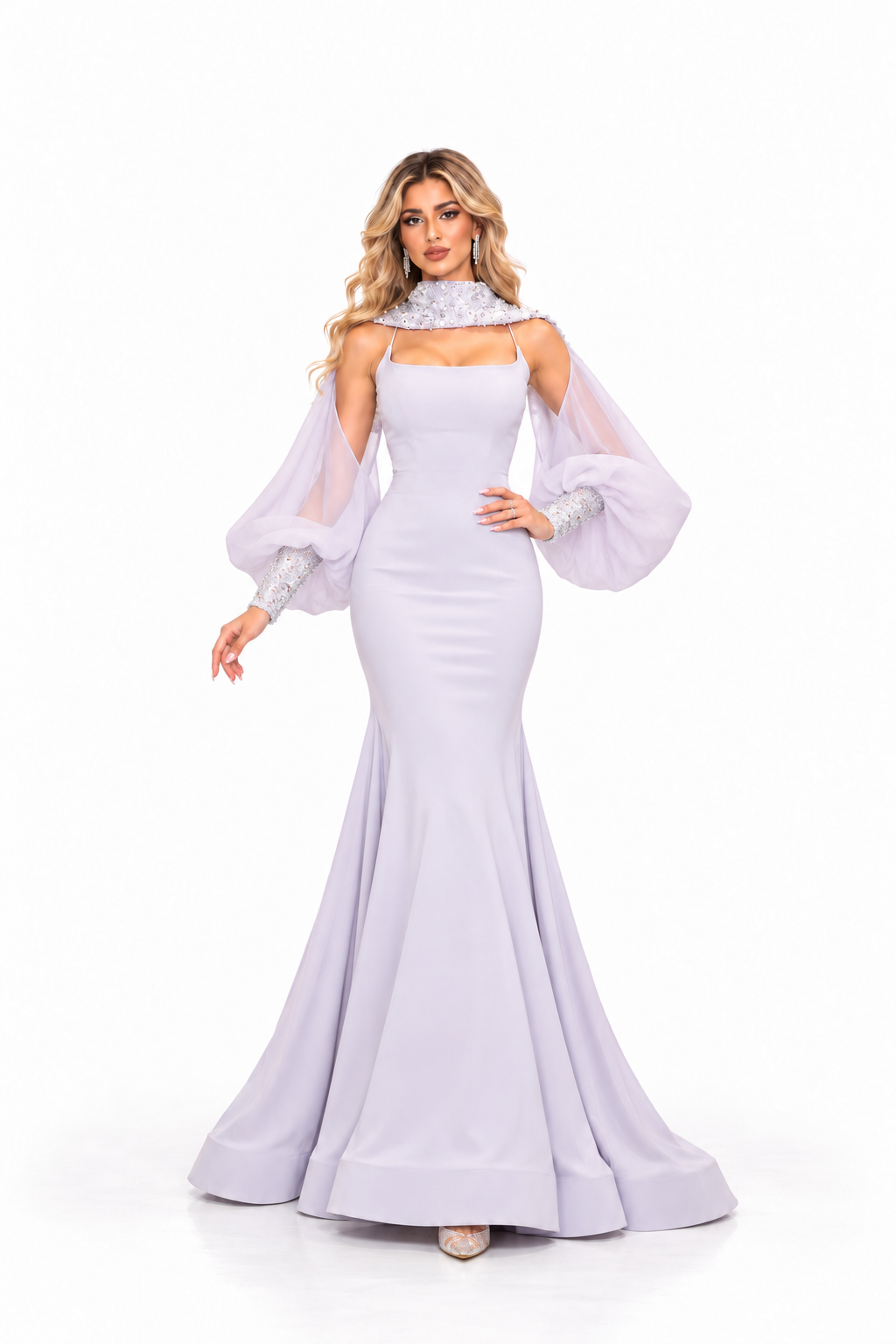 Embellished Cape Gown - Pearl