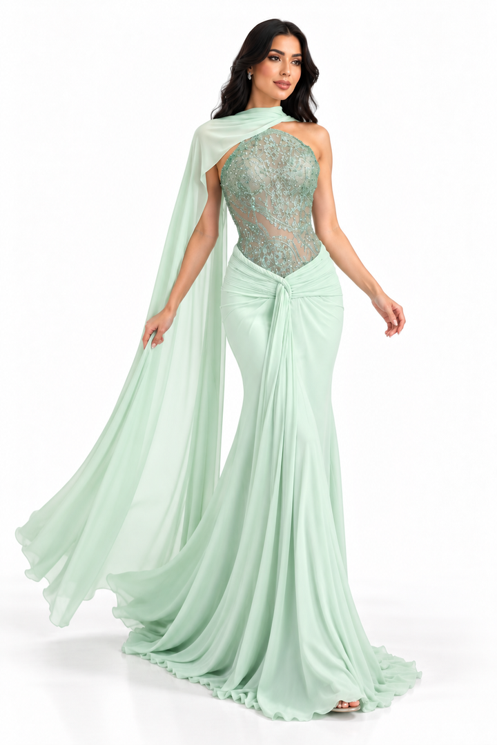 Embellished Draped Gown - Mint