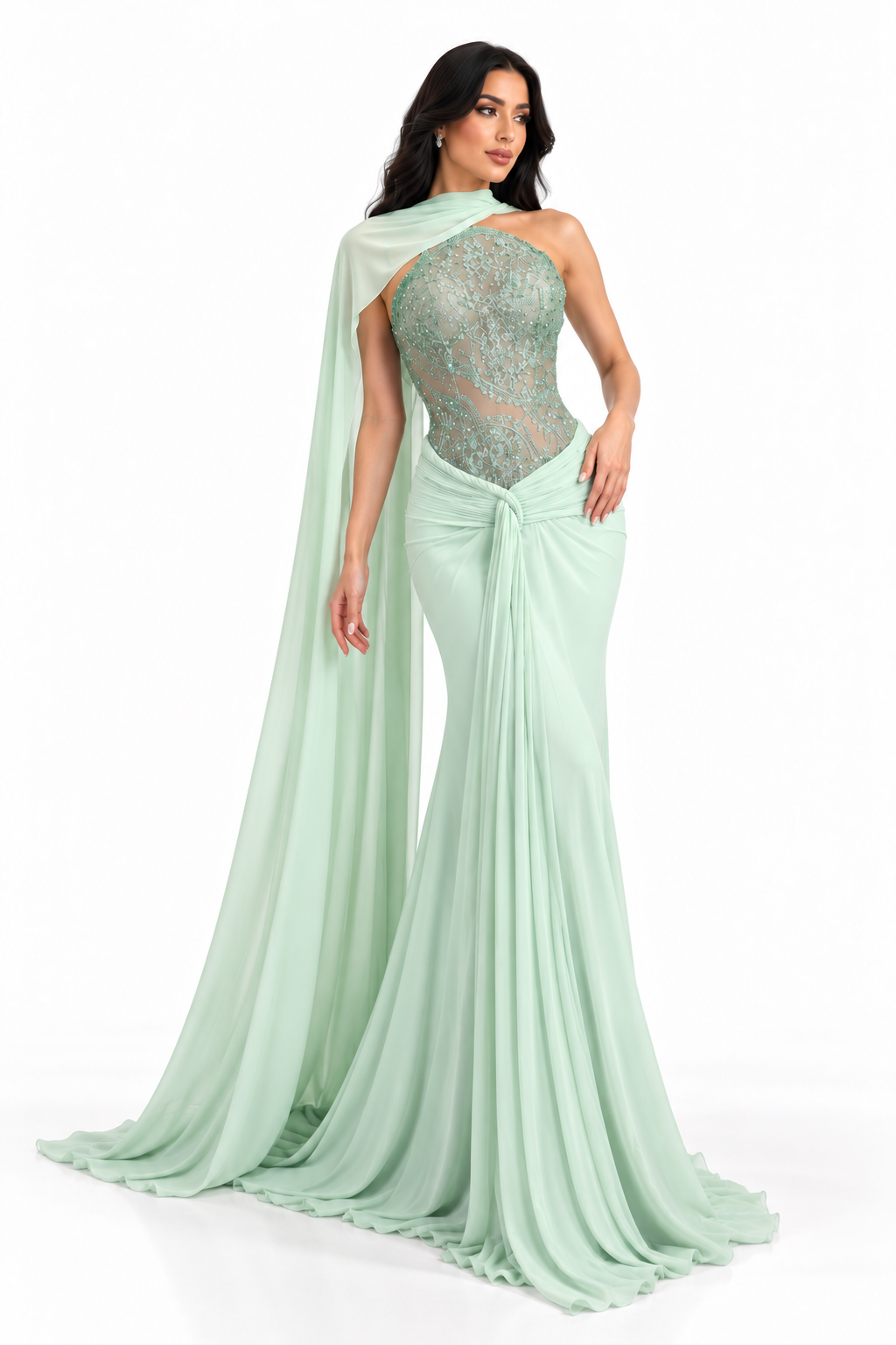 Embellished Draped Gown - Mint