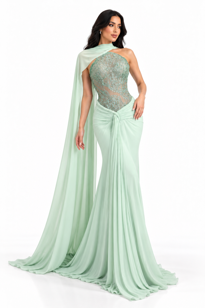 Embellished Draped Gown - Mint