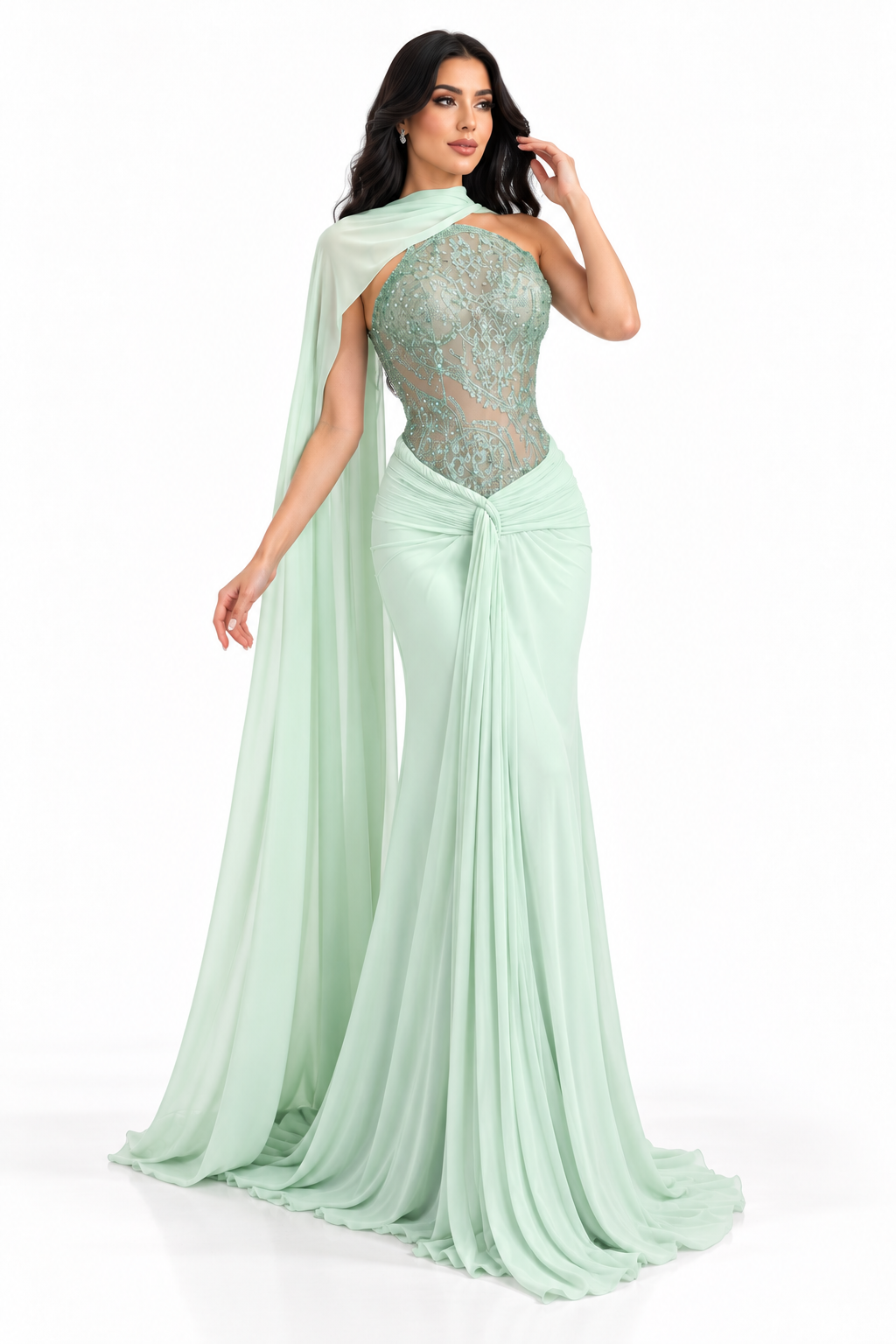 Embellished Draped Gown - Mint