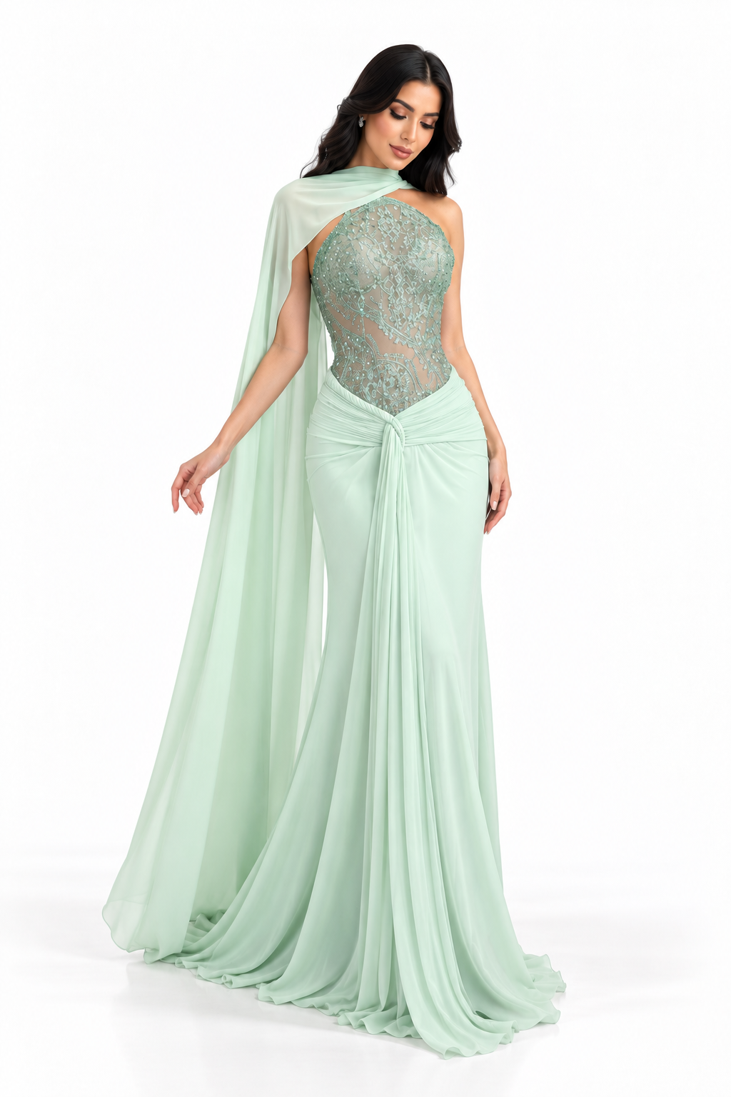Embellished Draped Gown - Mint