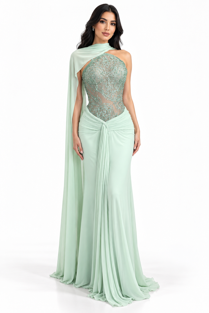 Embellished Draped Gown - Mint