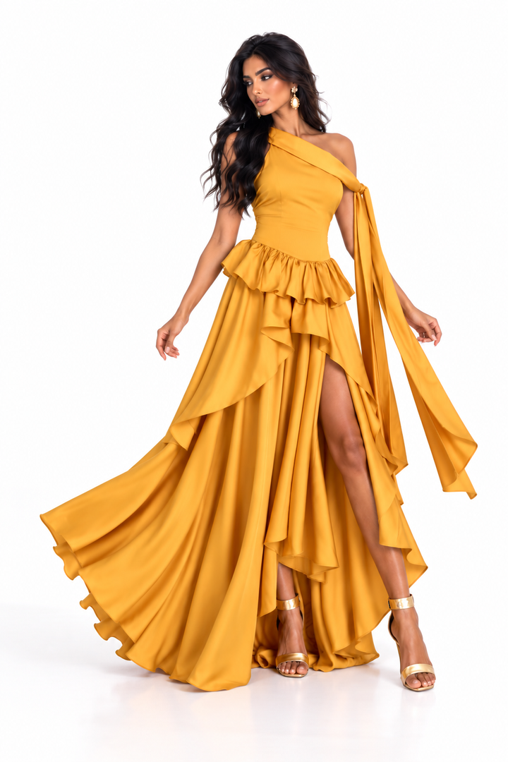 Ruffled Satin Gown - Amber