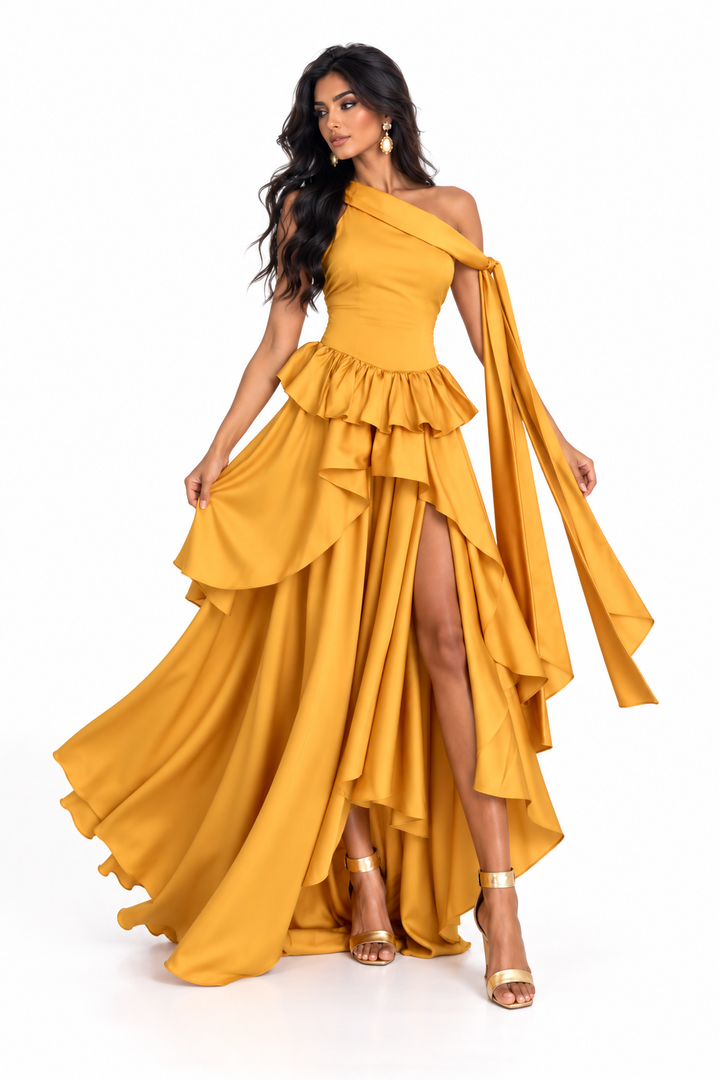 Ruffled Satin Gown - Amber