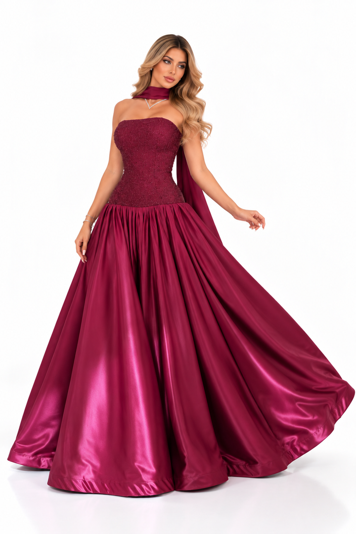 Embellished Satin Gown - Burgundy