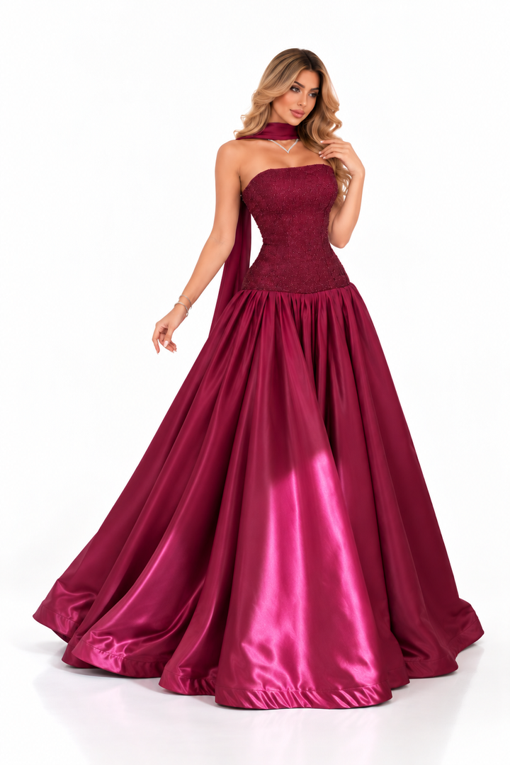 Embellished Satin Gown - Burgundy