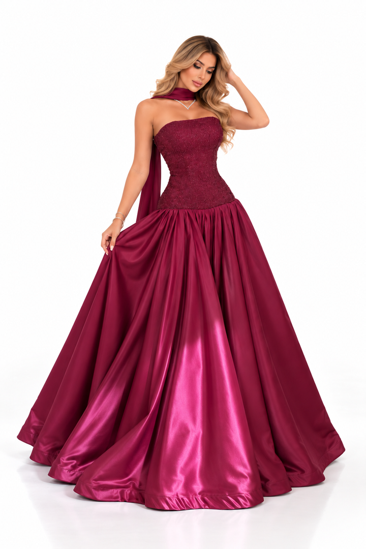 Embellished Satin Gown - Burgundy