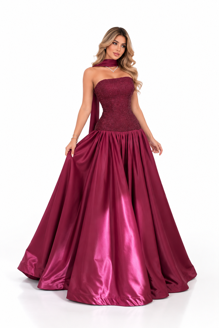Embellished Satin Gown - Burgundy