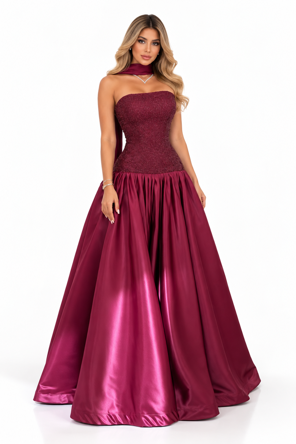 Embellished Satin Gown - Burgundy