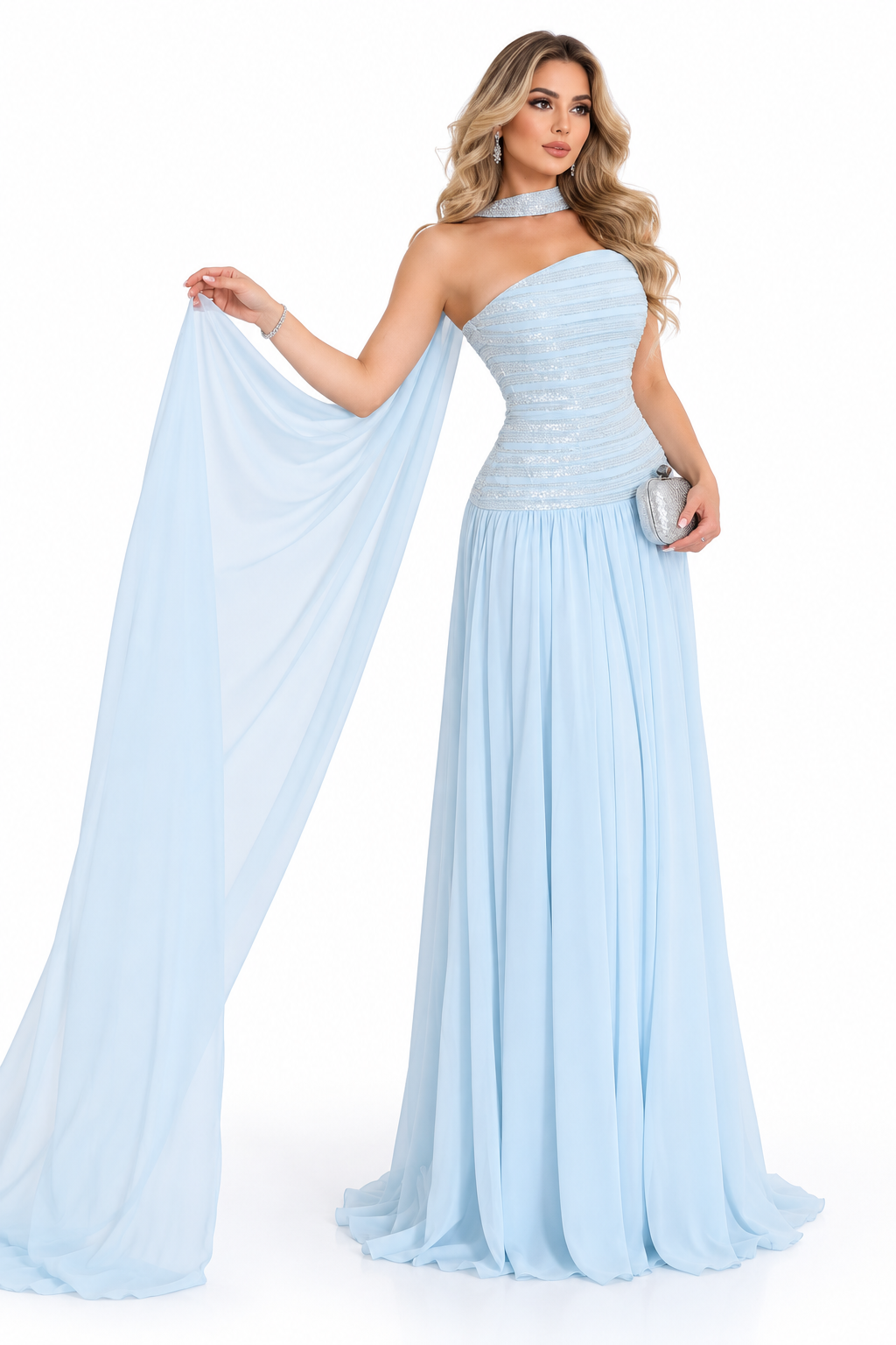 Cape Sequin Gown - Iceblue