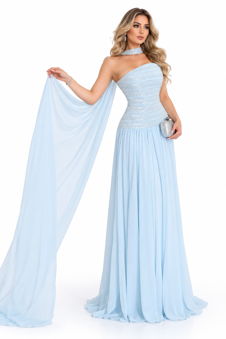 Cape Sequin Gown - Iceblue