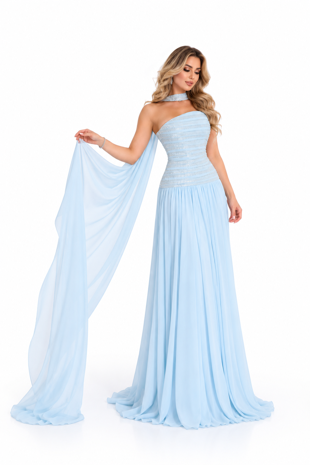 Cape Sequin Gown - Iceblue
