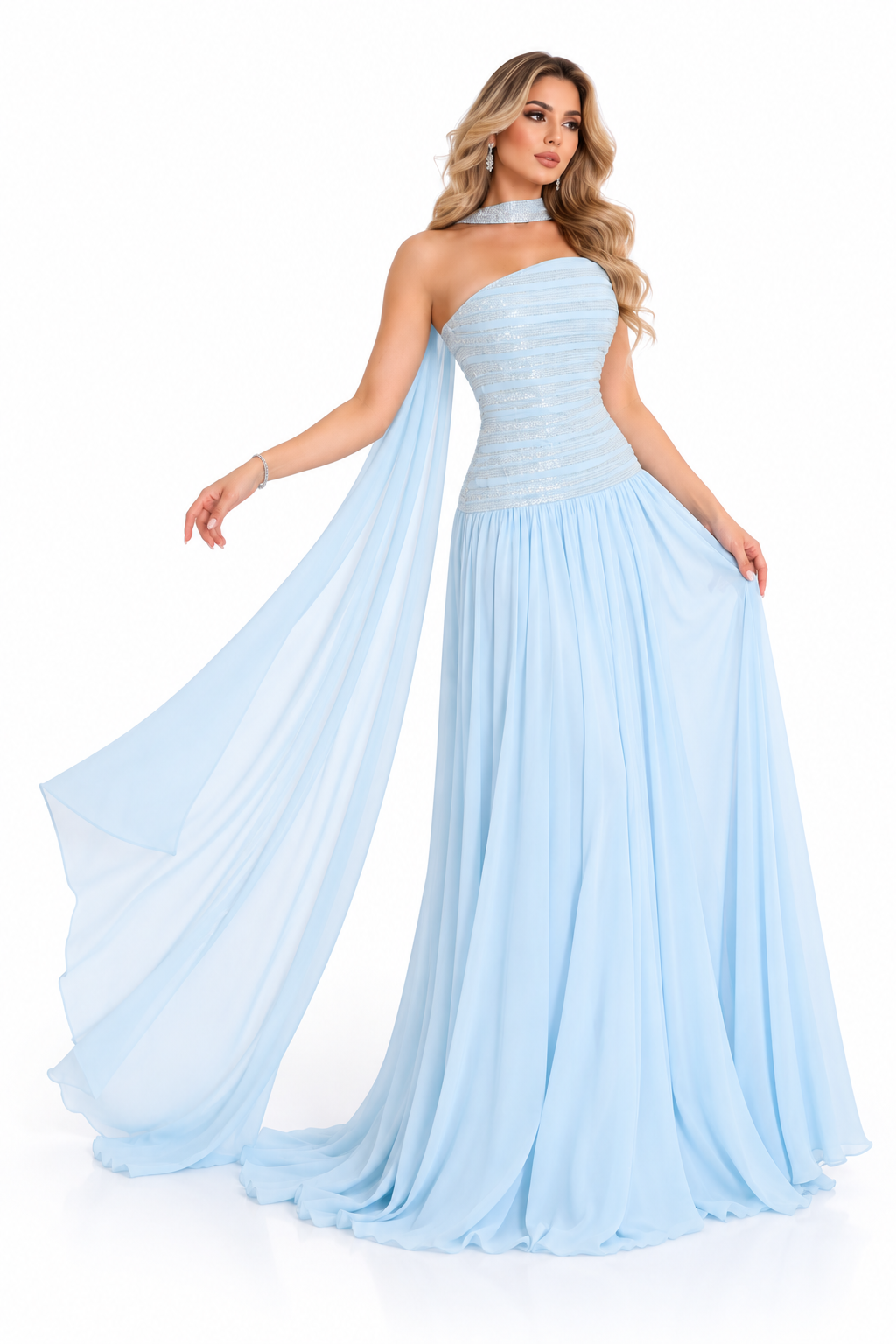 Cape Sequin Gown - Iceblue