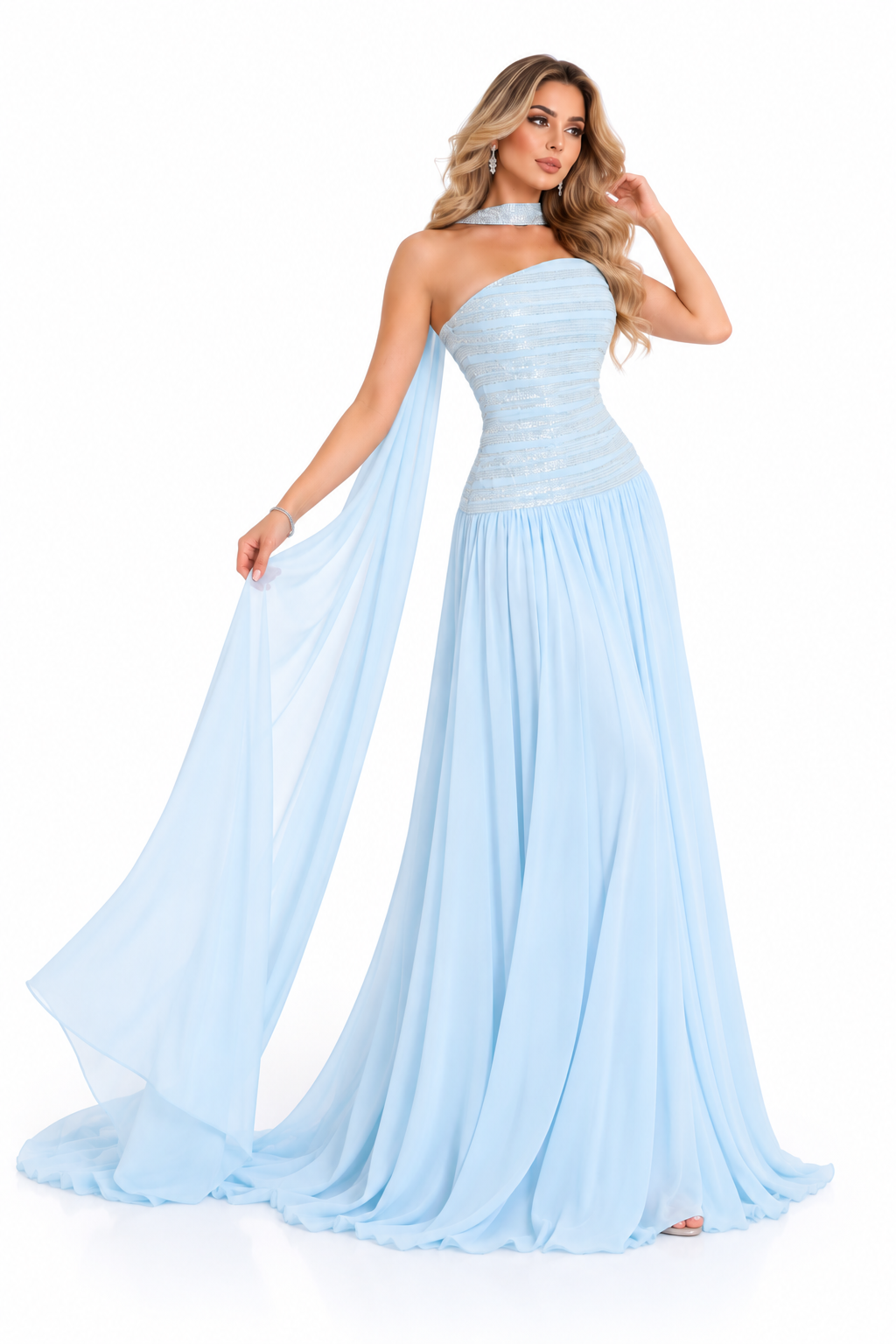 Cape Sequin Gown - Iceblue