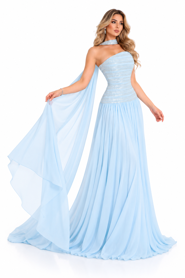 Cape Sequin Gown - Iceblue