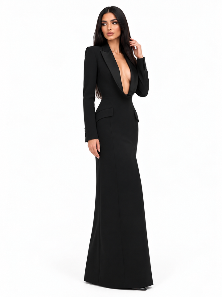 Deep V Tuxedo Maxi Dress - Valentina
