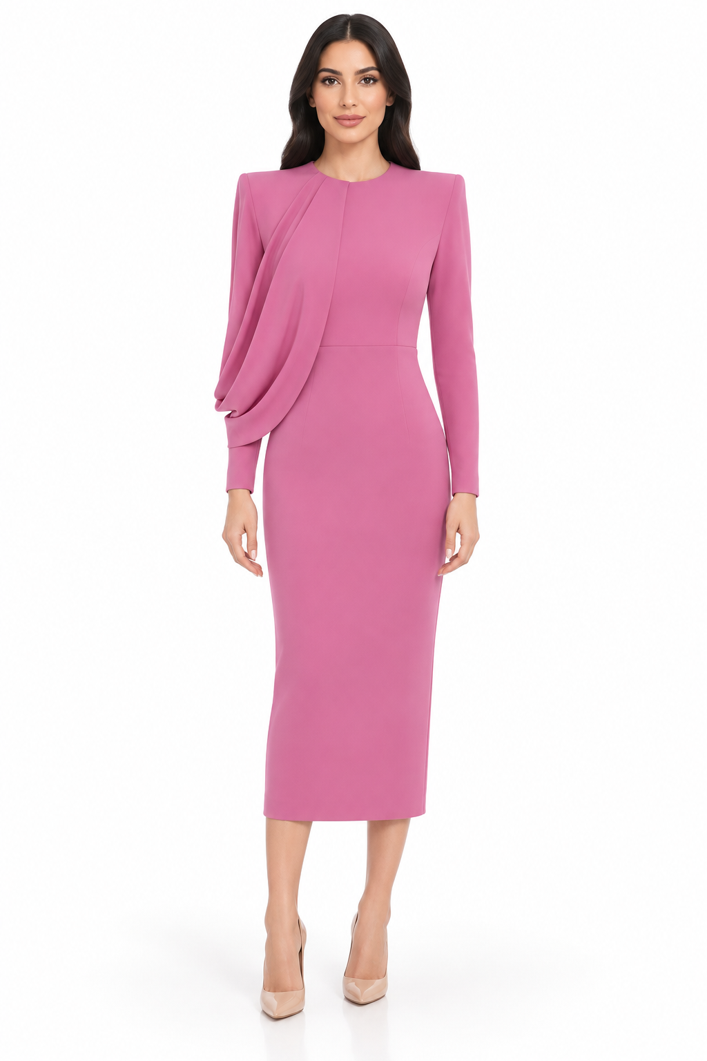 Asymmetric Draped Long Sleeve Midi Dress - Elodie
