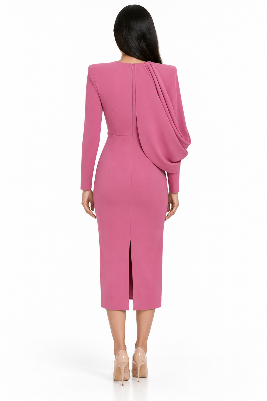 Asymmetric Draped Long Sleeve Midi Dress - Elodie