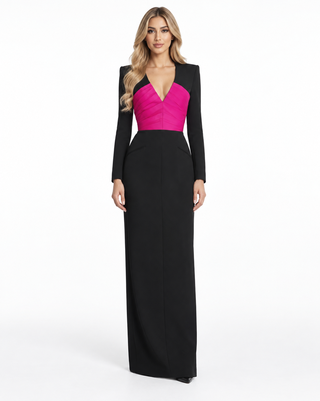 Contrast V-Neck Long Sleeve Maxi Dress - Alessia