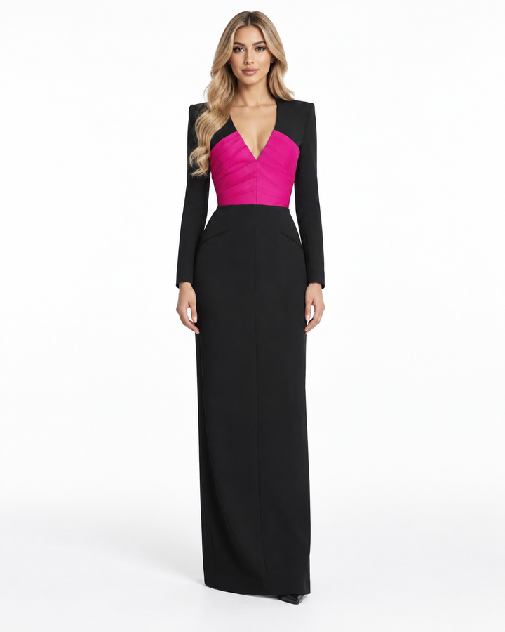 Contrast V-Neck Long Sleeve Maxi Dress - Alessia
