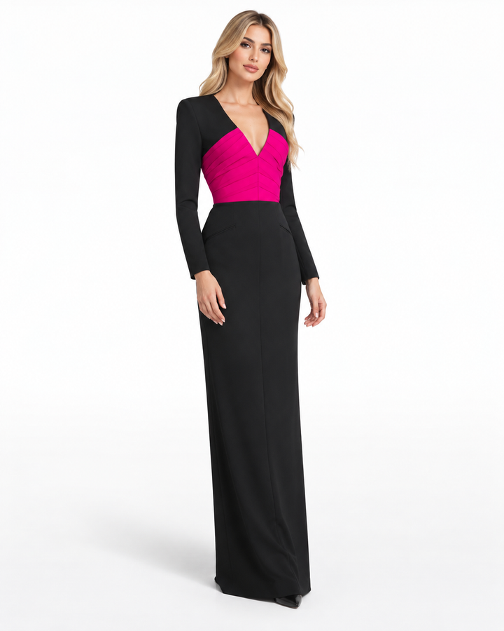 Contrast V-Neck Long Sleeve Maxi Dress - Alessia