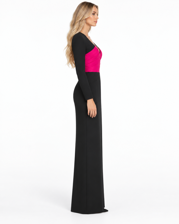 Contrast V-Neck Long Sleeve Maxi Dress - Alessia