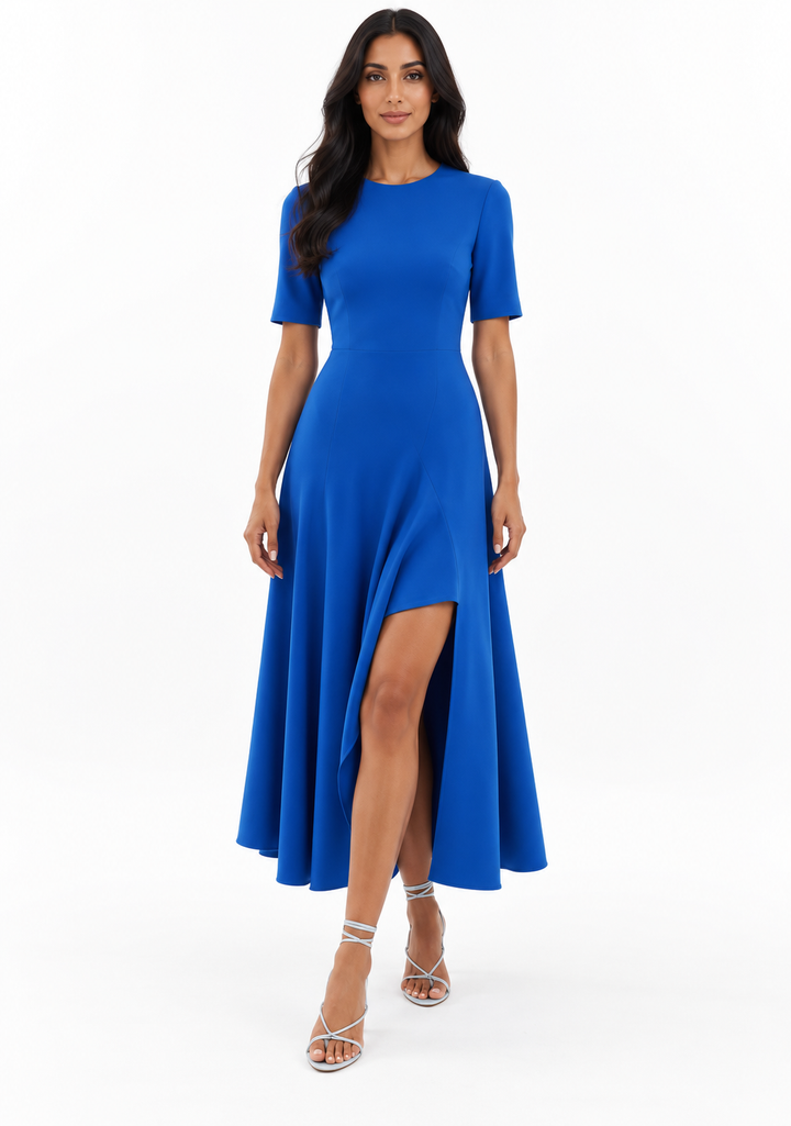 Asymmetric Hem Short Sleeve Midi Dress - Celine