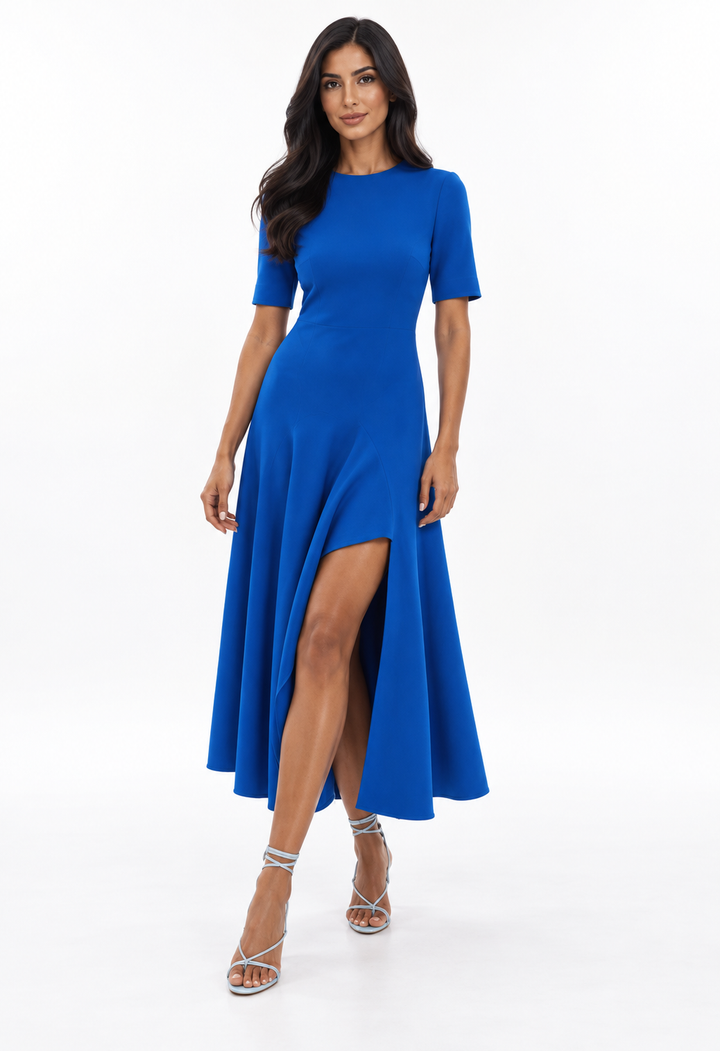 Asymmetric Hem Short Sleeve Midi Dress - Celine