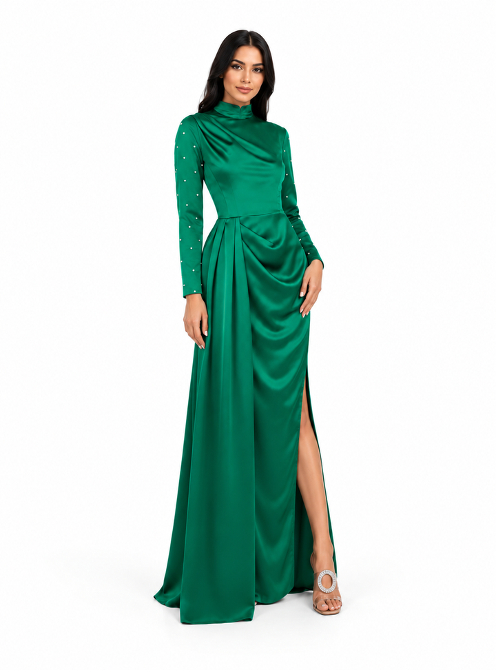 Embellished Draped Satin Maxi Dress - Esmeralda