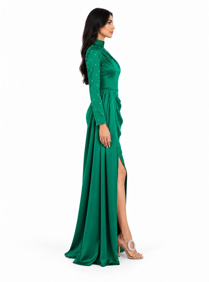 Embellished Draped Satin Maxi Dress - Esmeralda