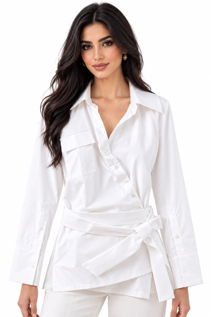 Asymmetric Wrap Belted Shirt - Alessa