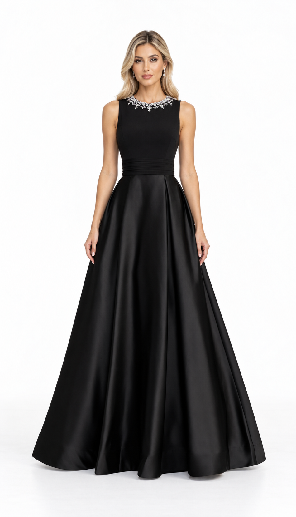 Embellished Neck Satin Ball Gown - Celestine