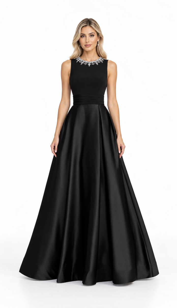 Embellished Neck Satin Ball Gown - Celestine