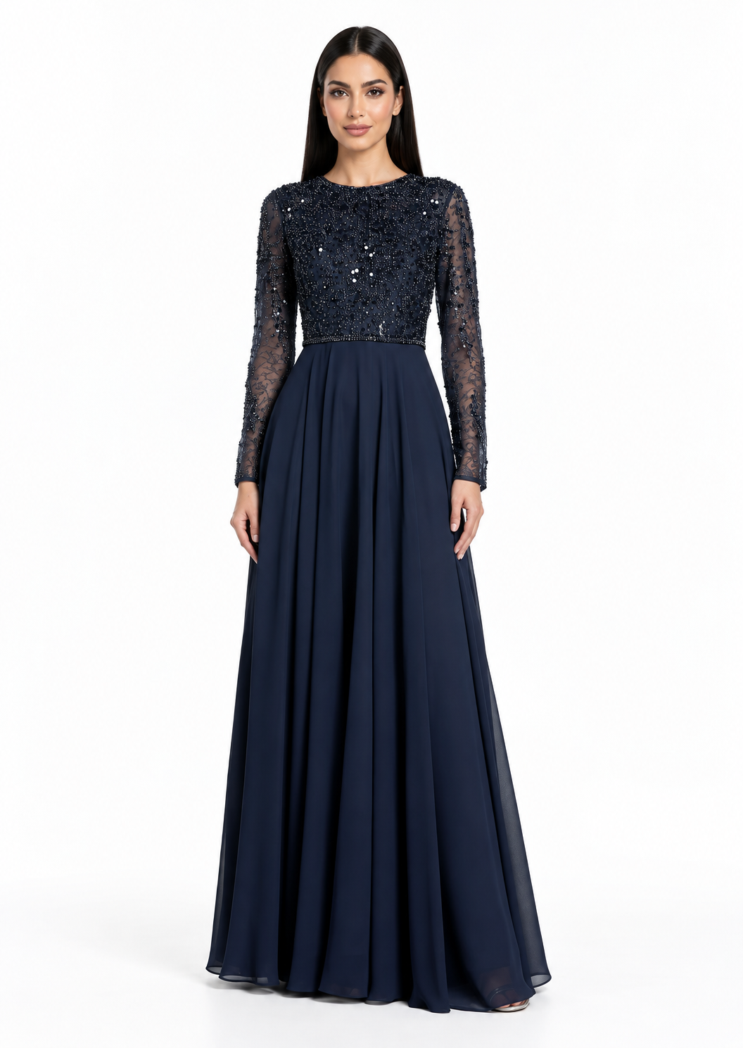 Embellished Sheer Sleeve Maxi Dress - Celestia