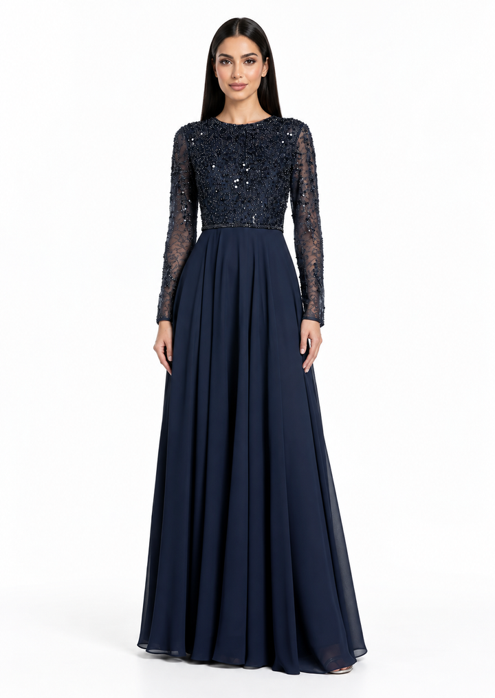 Embellished Sheer Sleeve Maxi Dress - Celestia
