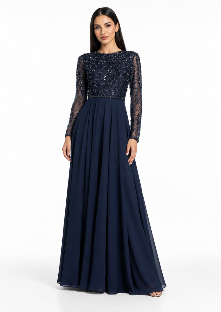 Embellished Sheer Sleeve Maxi Dress - Celestia