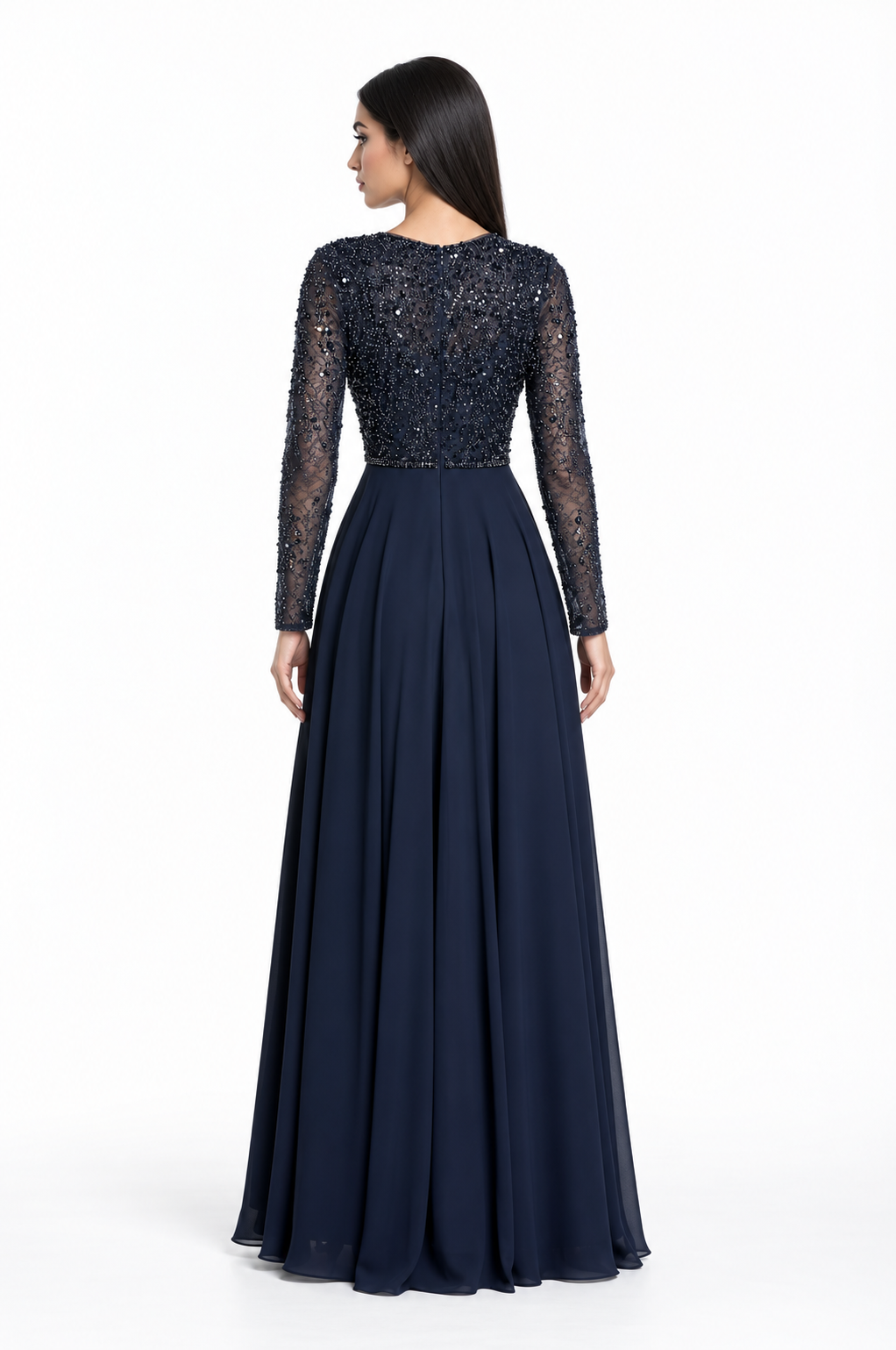 Embellished Sheer Sleeve Maxi Dress - Celestia