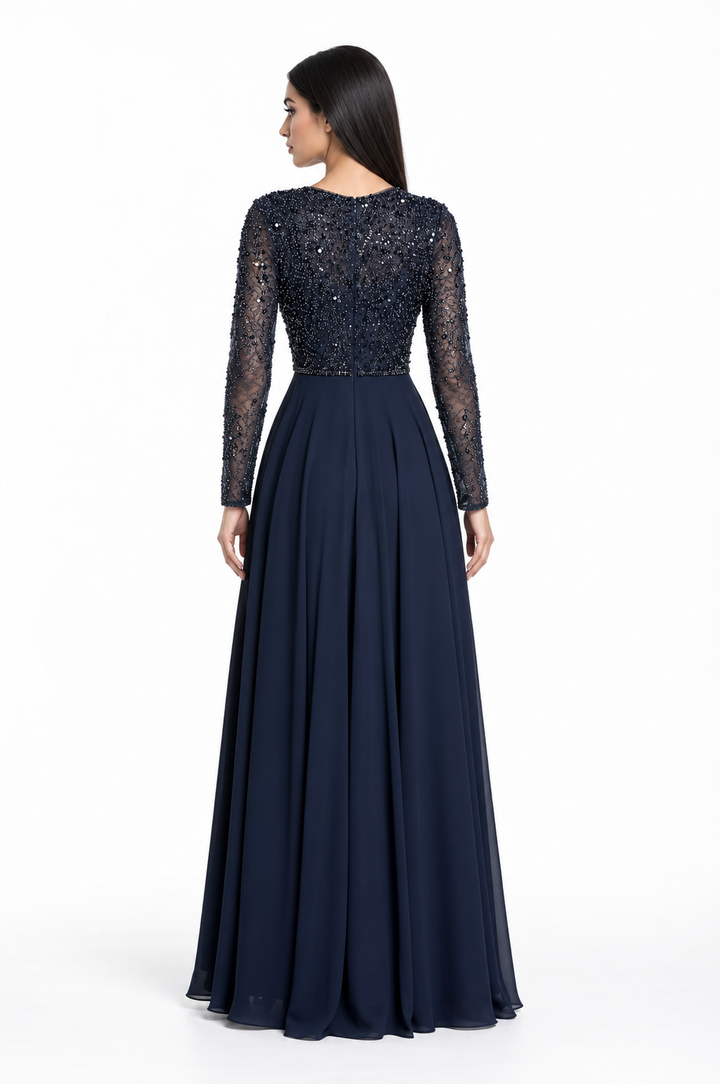 Embellished Sheer Sleeve Maxi Dress - Celestia