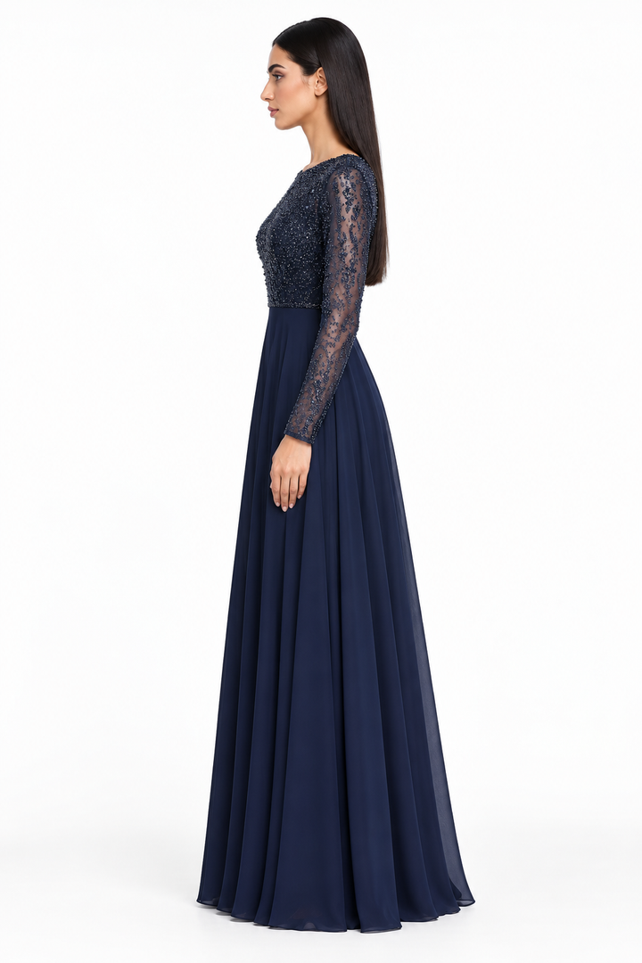 Embellished Sheer Sleeve Maxi Dress - Celestia